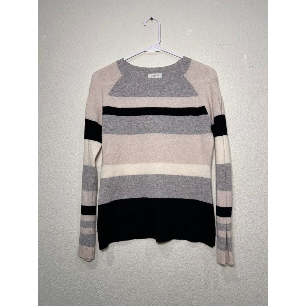 Kinross Cashmere Striped Sweater XS TP Light Pink Grey‎ Black Crew Neck